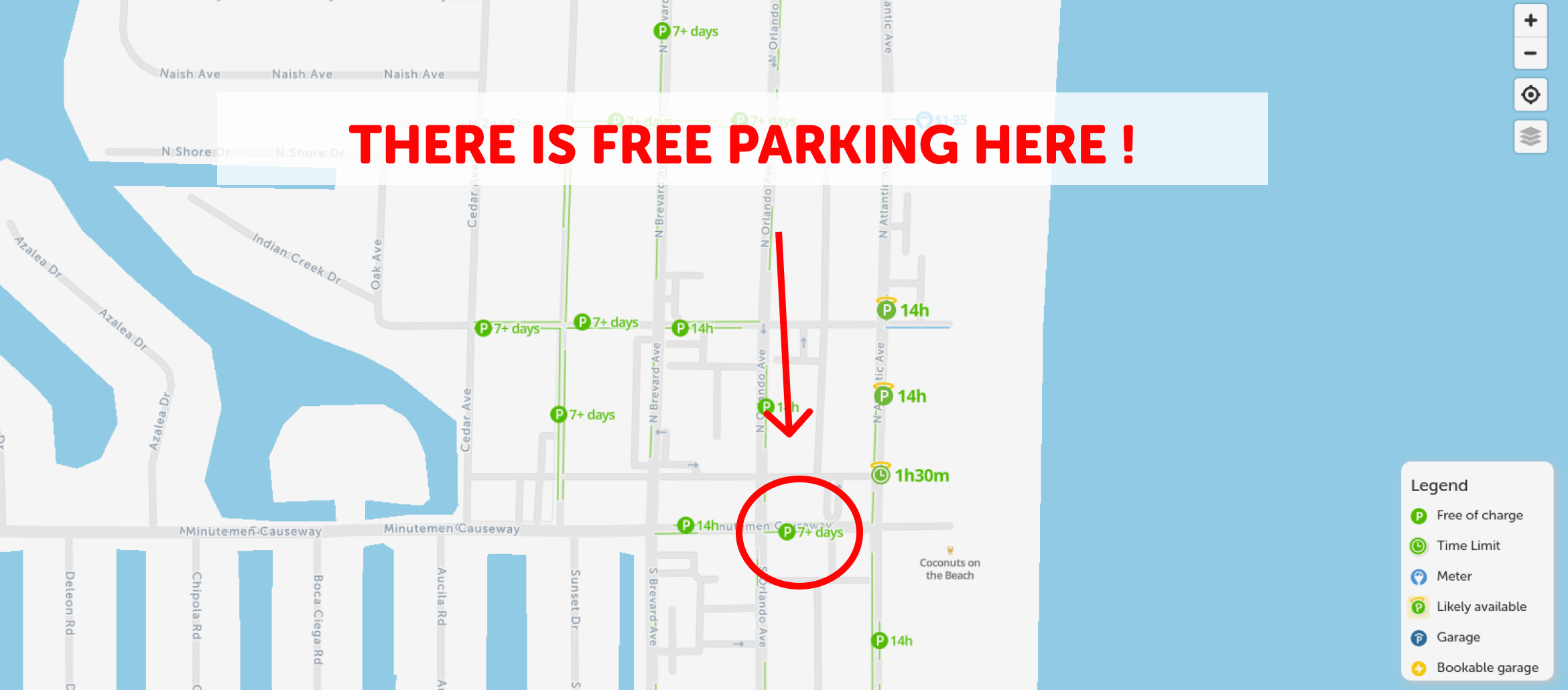 map of free parking in Cocoa beach - SpotAngels